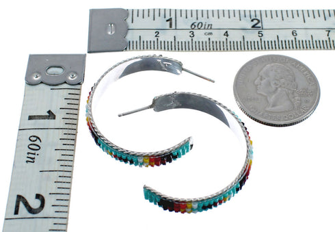 Sterling Silver Multicolor Beaded Navajo Post Hoop Earrings AX127620